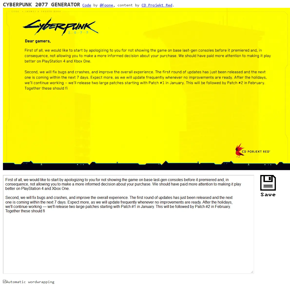 Cyberpunk 2077 Apology Generator