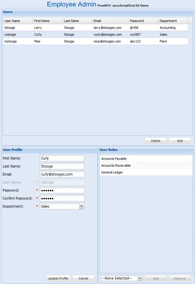 PureMVC JavaScript Demo: Employee Admin