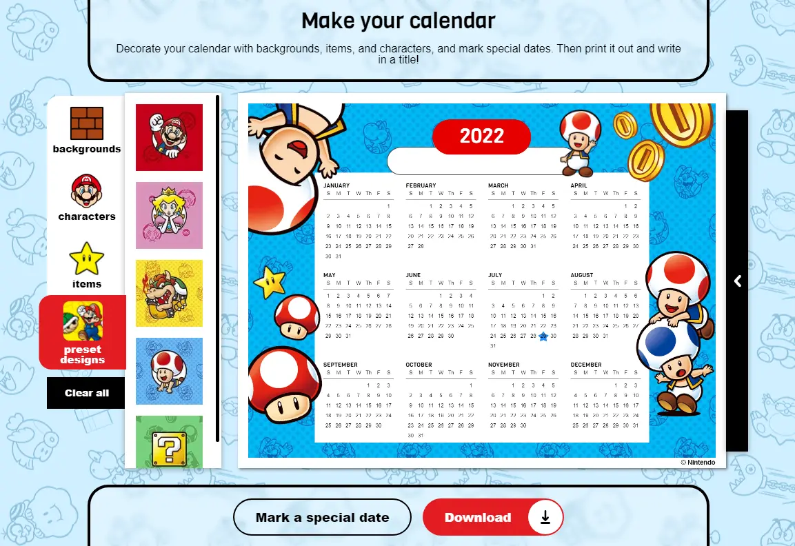 Mushroom Kingdom 2022 Calendar Creator