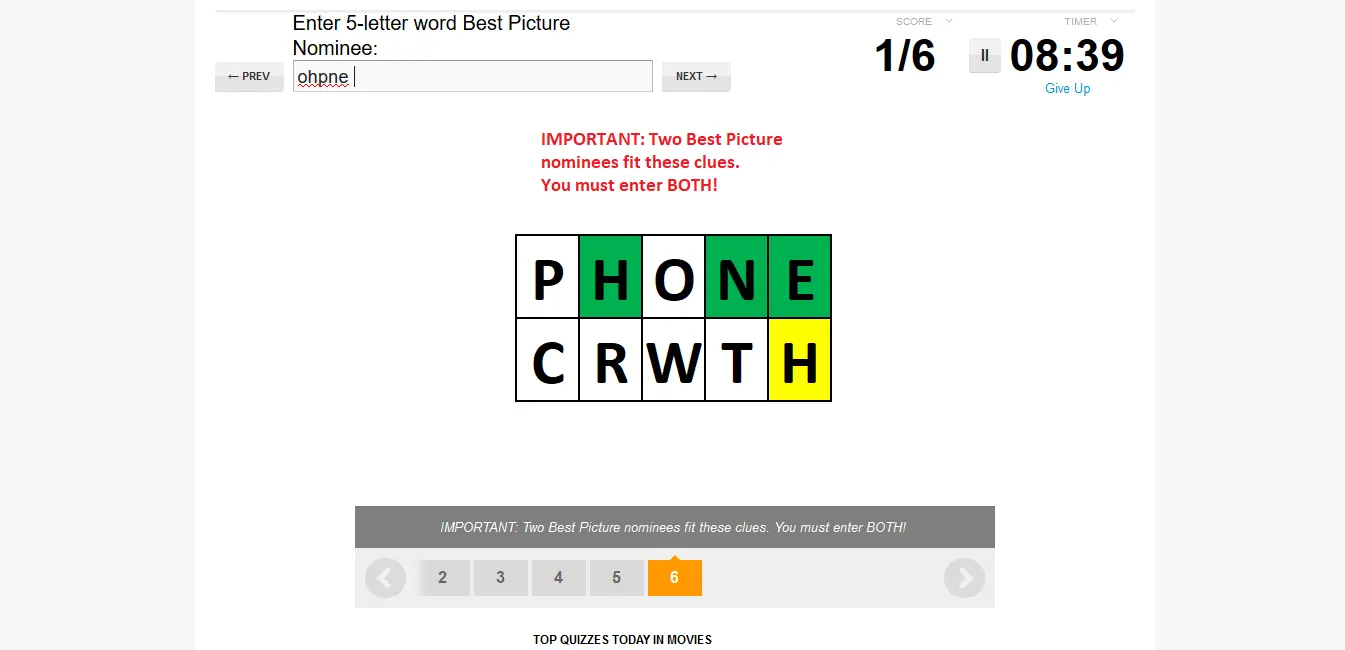 Find the unique 5-letter FILM TITLES that would get the following scores in Wordle from the clue or clues provided. NOTE: All answers are Oscar BEST PICTURE nominees or winners.