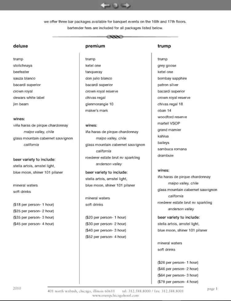 Trump International Hotel & Tower Chicago - Banquet Bar Menu