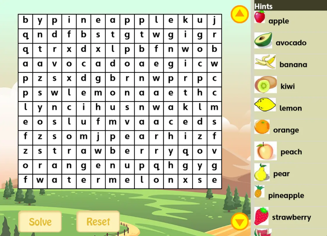 Fruits Vocabulary Word Search Puzzle Online