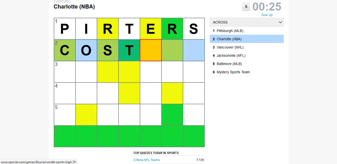 Wordle Sports Big 4 Teams (7 Letters)