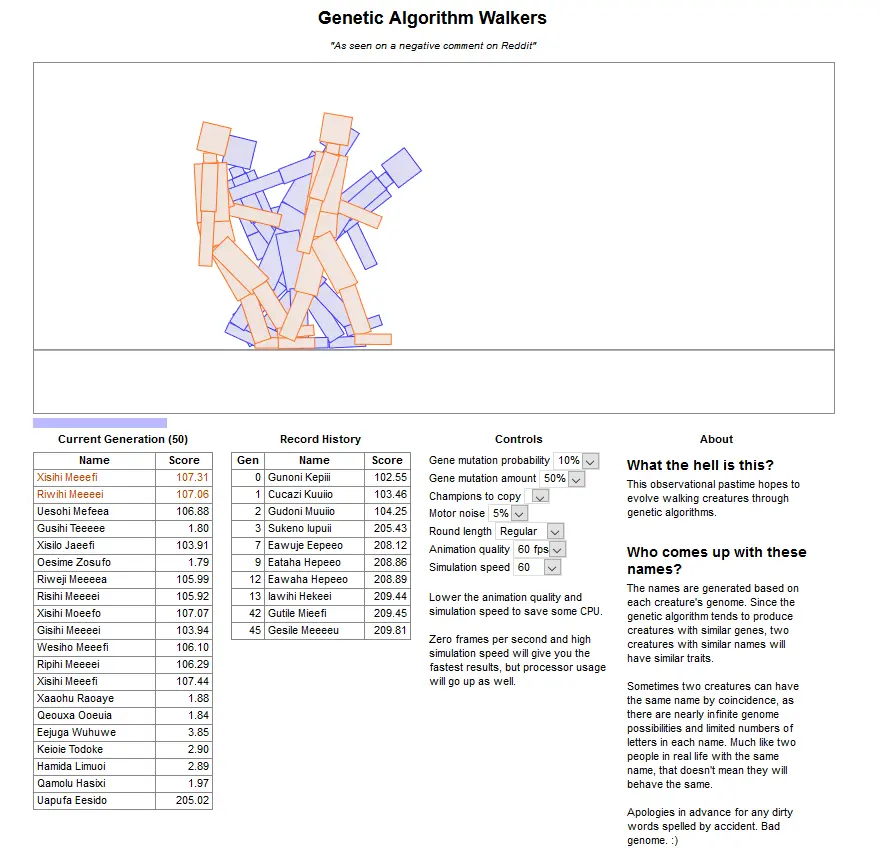 HTML5 Genetic Algorithm Biped Walkers