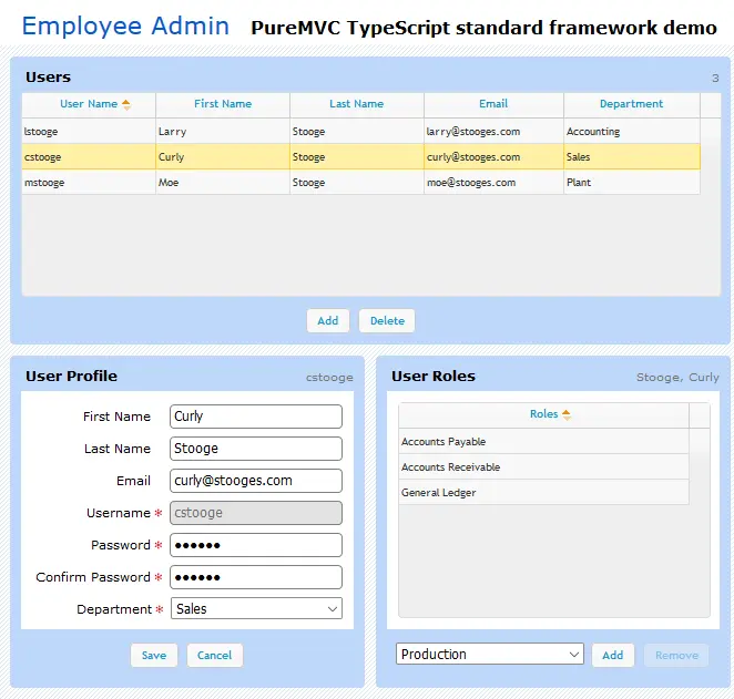 PureMVC TypeScript Demo: Employee Admin